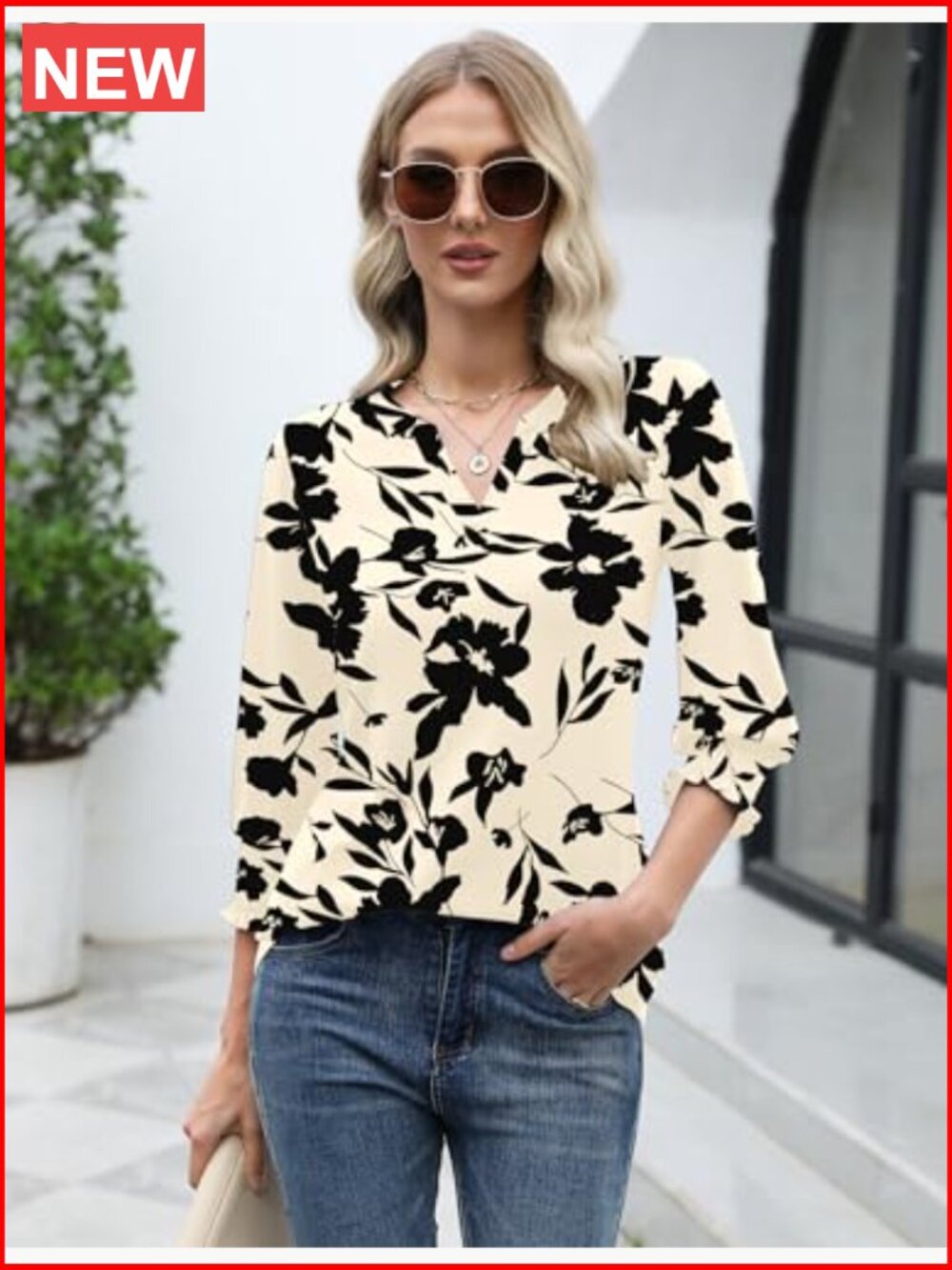 3/4 Sleeve V-Neck Blouse with Ruffle Cuffs - Business Casual - Picture 5 of 7